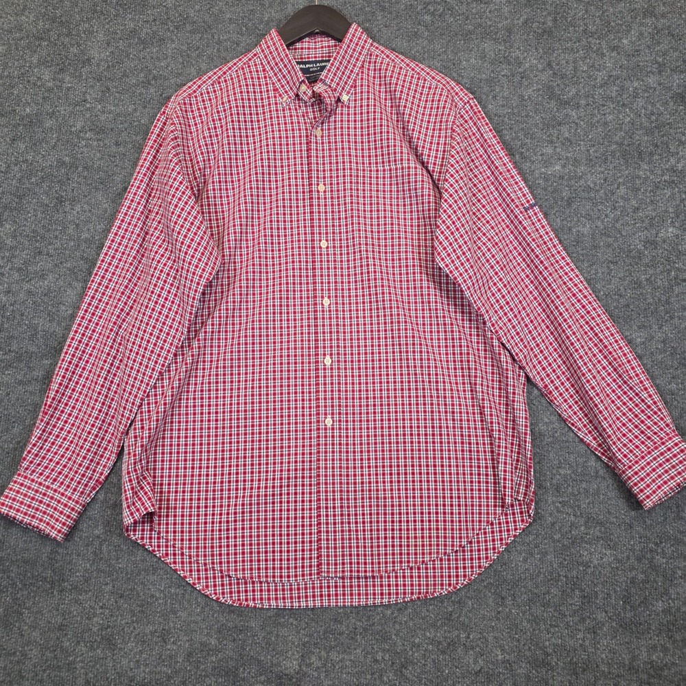 VTG Ralph Lauren Golf Shirt Mens Large Red White Plaid‎ Lofting Button Down LOGO